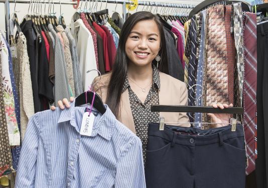 DSB Student Goshorn shows off her Career Closet of business clothes