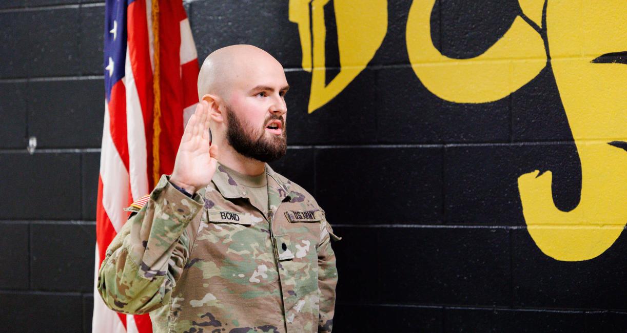 Purdue University Fort Wayne student and ROTC member Tom Bond received his commission as a lieutenant in the U.S. Army on Dec. 18 during ceremonies at PFW’s Ginsberg Hall.
