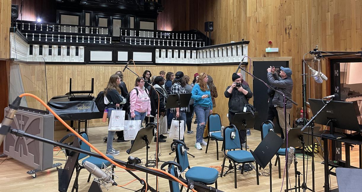 Purdue Fort Wayne School of Music students in a recording studio.