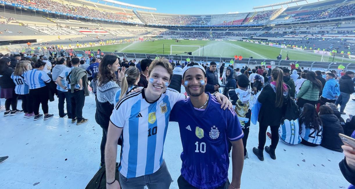 PFW senior Bobby Way (left) with his friend Tyell Gustavson from Utah State during the 2023 fall semester visiting River Plate Stadium in Buenos Aires, Argentina.