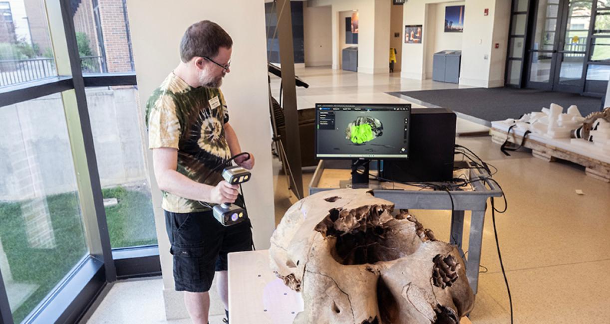 Library systems specialist Graham Fredrick was a member of the team that performed a 3D scan of a baby mastodon skull.