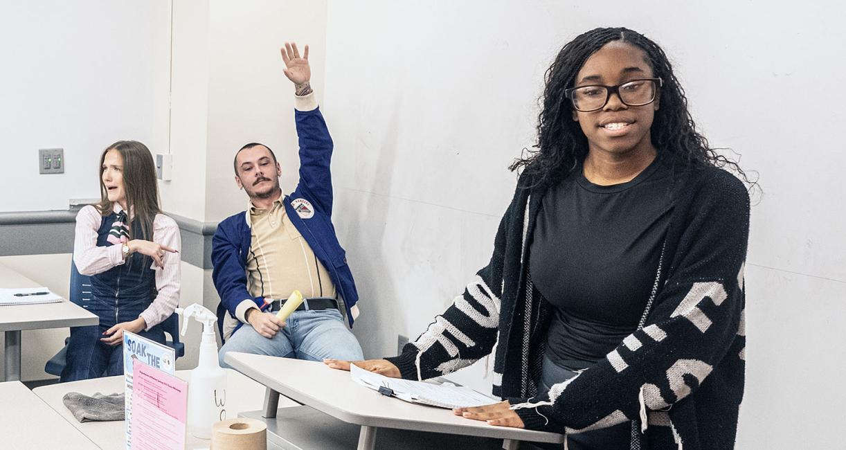 A student is giving a history class presentation