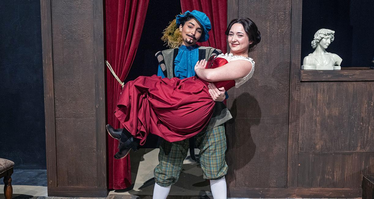 The characters Petruchio and Katharine in a production of The Taming of the Shrew