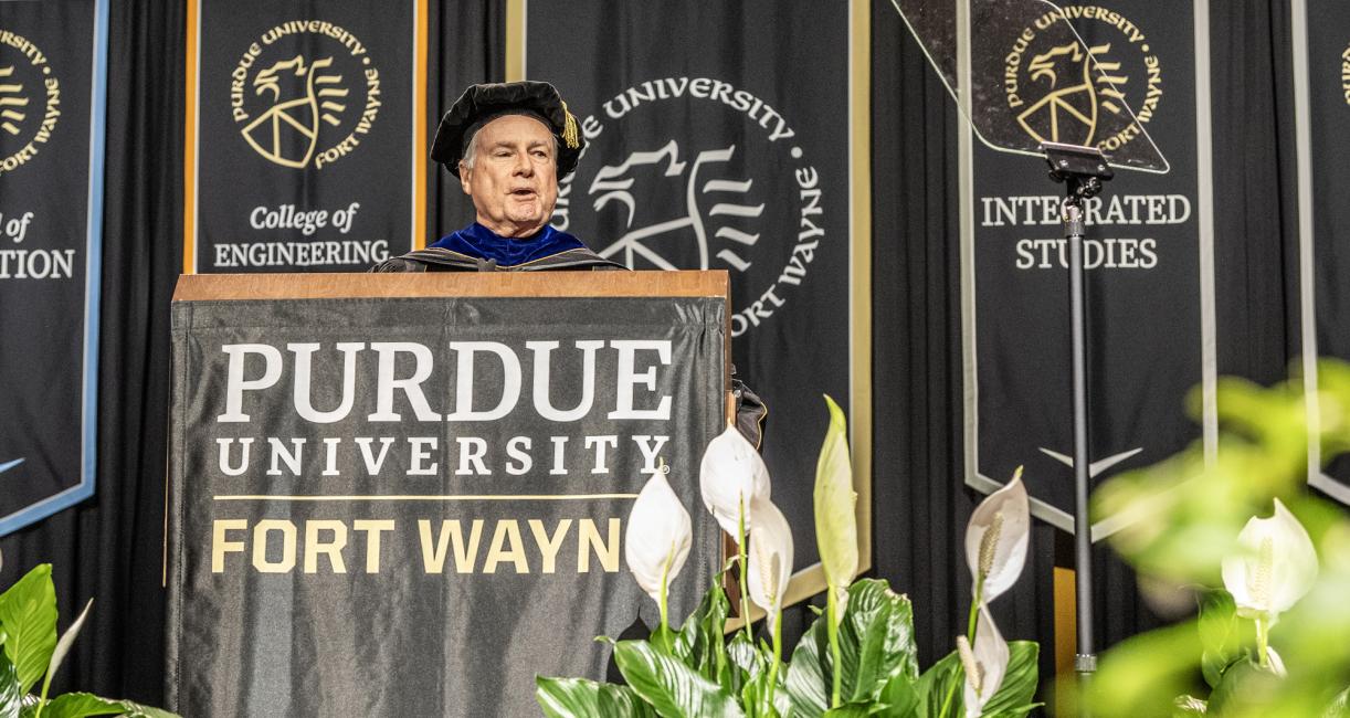 Chancellor Elsenbaumer gives a speech at the 2026 PFW commencement ceremony